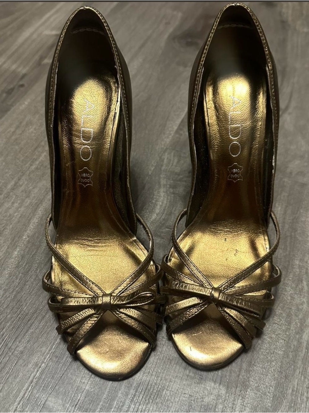 ALDO Bronze Metallic Strappy Peep-Toe Heels